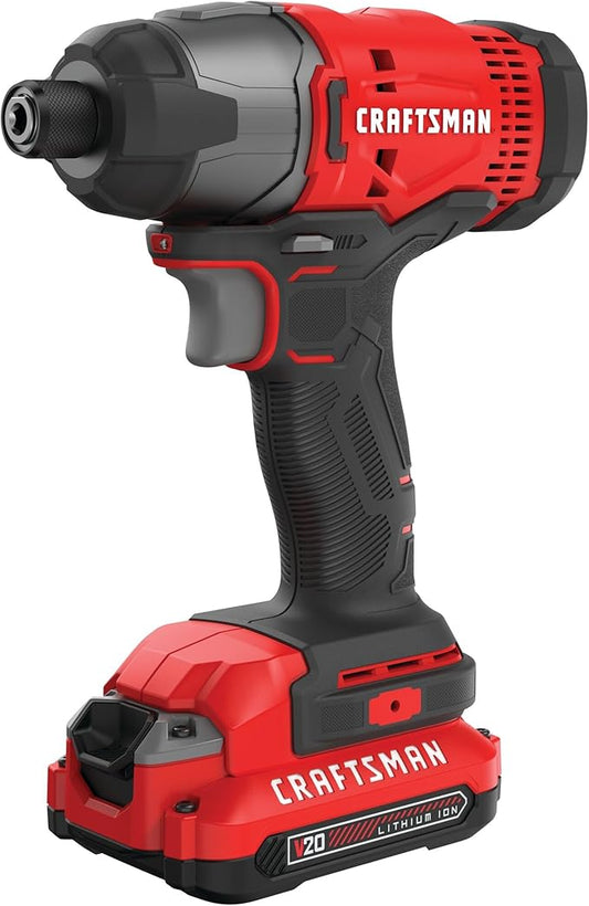 CRAFTSMAN destornillador de impacto máximo de 20 V, 1/4 pulgada, 2,800 RPM, luz de trabajo LED, batería y cargador incluidos (CMCF800C1)