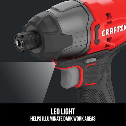 CRAFTSMAN destornillador de impacto máximo de 20 V, 1/4 pulgada, 2,800 RPM, luz de trabajo LED, batería y cargador incluidos (CMCF800C1)