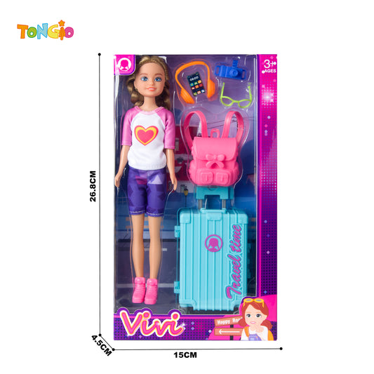 muñeca tipo Barbie con maleta de viaje