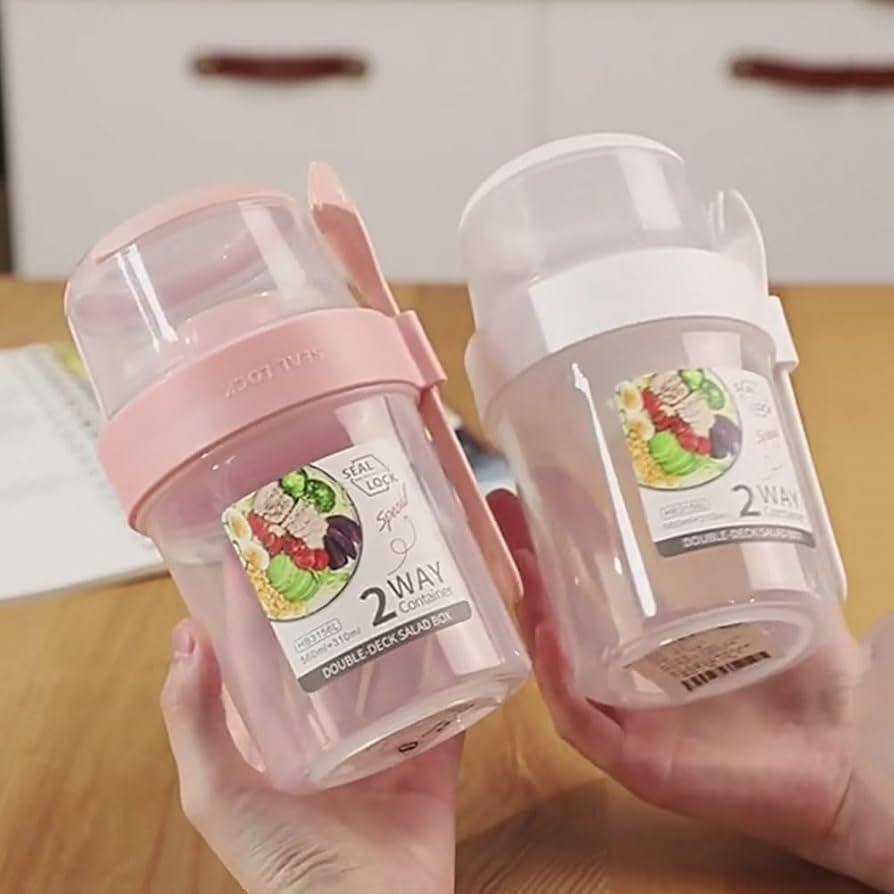 Taza de Yogur Reutilizable con Compartimento para Cereal y Tenedor