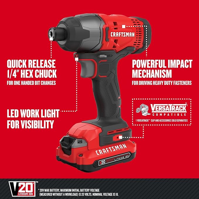 CRAFTSMAN destornillador de impacto máximo de 20 V, 1/4 pulgada, 2,800 RPM, luz de trabajo LED, batería y cargador incluidos (CMCF800C1)